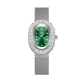 Elegante reloj de mujer ovalado de pedrería con esfera verde y correa de malla plateada - Caja de Plata Esfera Verde