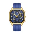 Reloj de cuarzo para hombre cuadrado dorado con esfera texturada azul y correa. - Caja de Oro Esfera Azul