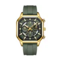 Reloj de cuarzo deportivo para hombre octogonal dorado esfera verde con correa de silicona suave - Caja Dorada Esfera Verde