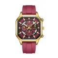Reloj de cuarzo multifuncional para hombre con caja octagonal dorada y correa de goma roja. - Caja Dorada Esfera Roja