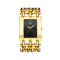 Elegante goldene Damen Quarzarmbanduhr mit auffälligem Gliederarmband und schwarzem Zifferblatt. - Goldgehäuse mit schwarzem Zifferblatt (Herren)