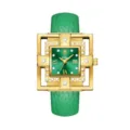 Reloj de cuarzo para mujer de cuero verde con caja geométrica de cristal dorado y esfera. - Verde