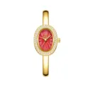 Elegant quartz bangle watch with red oval dial, Roman numerals, and sparkling crystal bezel. - Gold Red Dial