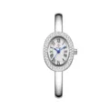 Silver tone oval quartz bangle watch with crystal bezel and Roman numerals for women - Silver White