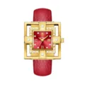 Elegante Lujo Mujer Reloj Cuarzo Correa Cuero Rojo Oro Hueco Geométrico Estrás Esfera - Rojo Brillante