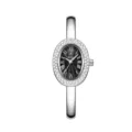 Silver women quartz watch with oval rhinestone bezel and bangle strap for daily wear. - Silver Black Face