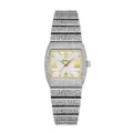 Montre quartz femme carrée strass de luxe avec chiffres romains et bracelet calendrier. - Boîtier Argent Cadran Blanc