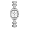Silver rectangular dial women watch with sparkling rhinestone bezel and unique fan shaped link bracelet. - Silver Case White Face