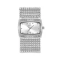 Reloj de moda plateado para mujer con bisel de cristal brillante y correa de cuentas. - Caja Plateada Esfera Blanca