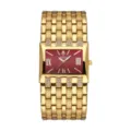 Reloj de mujer de lujo con esfera cuadrada roja, correa dorada con brillantes y números. - Caja dorada y esfera roja