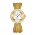Reloj de mujer de lujo dorado con correa de malla y bisel de cristal, elegante y moderno. - Caja dorada - esfera blanca (pequeña)