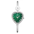 Chic heart-shaped green dial watch for women with pearl bracelet and sparkling crystals. - Silver Case Green Dial