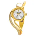 Elegante reloj de pulsera dorado para mujer con pedrería brillante y diseño curvo único. - Caja Dorada Esfera Blanca