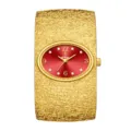 Reloj de pulsera dorado de lujo con esfera ovalada roja brillante y marcadores de cristales. - Caja Dorada Esfera Roja