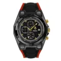 Reloj deportivo de cuarzo para hombre con correa de silicona negra y roja y detalles dorados. - Caja Negra Esfera Negra