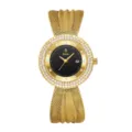 Reloj de mujer de oro de lujo con bisel de cristal brillante, correa de malla metálica, elegante. - Caja dorada - esfera negra (pequeña)