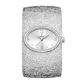Reloj de pulsera de cuarzo para mujer Yalalusi con correa ancha texturizada plateada y esfera ovalada. - Caja Plateada Esfera Blanca