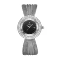 Elegant women's luxury quartz watch with rhinestone bezel, black dial and mesh strap. - Silver Case - Black Dial (Small)