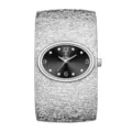 Reloj de cuarzo con brazalete plateado, esfera ovalada elegante con cristales y pulsera ancha. - Caja Plateada Esfera Negra