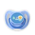 Blue baby pacifier with cute duck pattern and handle, soothing silicone dummy for newborns. - Blue