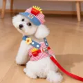 Bonito arnés y correa para perros con sombrero, accesorio para mascotas de mezclilla. - XS / Set de tres piezas / Rojo Patatas