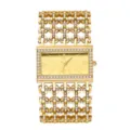 Reloj de cuarzo con pedrería dorada de lujo, correa de cadena hueca elegante y esfera rectangular. - Caja Dorada Esfera Dorada