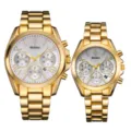 Set de reloj de pareja dorado acero inoxidable cronografo esfera blanca cuarzo reloj pulsera - Caja dorada y esfera blanca (hombre)