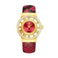 Reloj cuarzo mujer con correa serpiente roja, bisel dorado con cristales y esfera calada. - Rojo