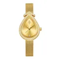 Lujoso reloj de cuarzo dorado para mujer con esfera de diamante en gota y correa de malla. - Caja Dorada Esfera Dorada