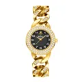 Lujoso reloj de mujer con cadena dorada, pedrería brillante y elegante esfera negra. - Caja Dorada Esfera Negra