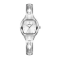 Silver tonneau women's watch with geometric faceted strap and crystal dial markers. - Silver Case White Dial