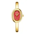 Gold tone oval quartz bangle watch for women featuring a striking red dial and roman numerals. - Gold Spiral Pattern Red Dial