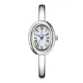Silver tone oval quartz bangle watch for women with white dial, Roman numerals, and blue hands. - Silver Spiral Pattern White Dial