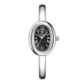 Silver oval bangle watch for women, elegant black dial with Roman numerals and quartz movement. - Silver Spiral Pattern Black Dial