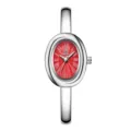 Silver oval bangle quartz watch for women with striking red dial and Roman numerals chic. - Silver Spiral Pattern Red Dial