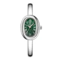 Elegant oval green dial quartz watch for women with stylish silver bangle bracelet strap. - Silver Spiral Pattern Green Dial