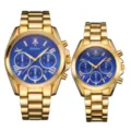 Set Reloj Pareja Dorado Esfera Azul Cuarzo Cronógrafo Reloj Pulsera Acero Inoxidable - Caja dorada con esfera azul oscuro (hombre)