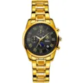 Reloj de hombre de acero inoxidable dorado con esfera de cronógrafo negra y números romanos. - Caja Dorada Esfera Negra