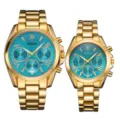 Yalalusi élégante montre couple or ensemble avec cadran turquoise en acier inoxydable - Boîtier doré avec cadran bleu ciel (homme)