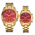 Montres couple or de luxe avec cadran rouge chronographe chiffres romains bracelet montre - Boîtier doré avec cadran rouge (homme)