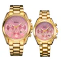 Montres couple or avec cadran rose bracelet en acier inoxydable montres quartz - Boîtier doré - cadran rose (homme)