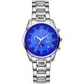 Silberne Edelstahl Herrenuhr mit blauem Zifferblatt, römischen Ziffern und Chronographen. - Silbergehäuse Blaues Zifferblatt