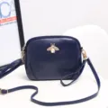 Dark blue leather crossbody shoulder bag with metal bee pearl accent for women daily commute - Blue