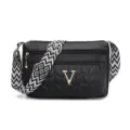 Multi-layer zipper black leather shoulder bag with wide geometric strap for women daily use. - Black
