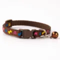 Brown pet collar with colorful paw prints and bell, adjustable safety buckle for cats and dogs. - Paw Print Bone Style / Coffee