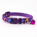 Purple pet collar with colorful paw prints, metal bell, and safety buckle for cats and dogs - Paw Print Bone Style / Purple
