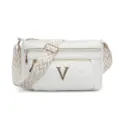 White multi-pocket soft leather shoulder bag with stylish wide strap and golden V logo. - Off White