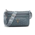 Grey multi-zipper soft leather crossbody shoulder bag with ethnic geometric strap. - Blue