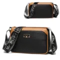Stylish black and brown crossbody bag with wide strap, trendy PU leather handbag. - Black