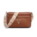 Brown multi-layer zipper cross-body shoulder bag with patterned wide strap and V logo. - Yellow Brown